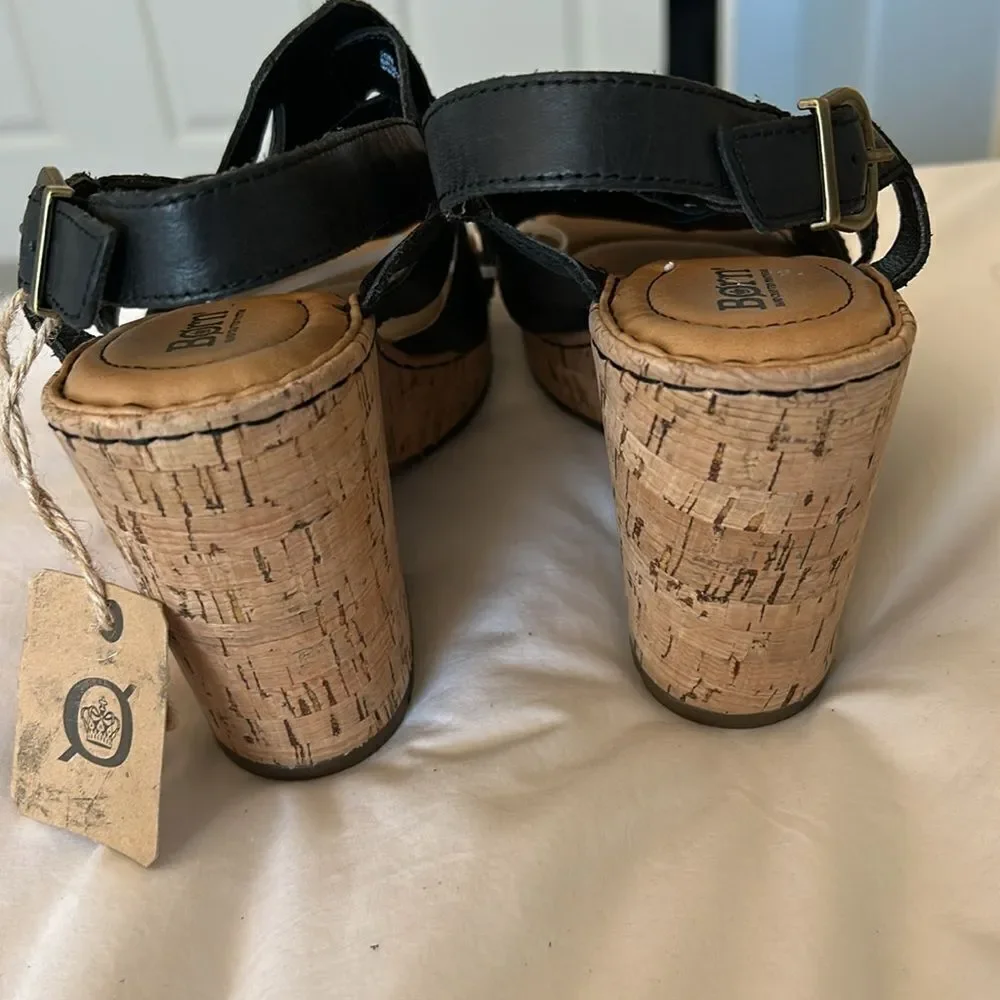 BORN Ankle Strap Sandals Wedge Cork Heels, Black, Size 10,NWT no box